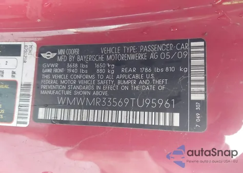 2009 Mini Cooper from USA, damaged, VIN WMWMR33569TU95961